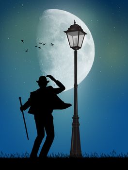 illustration of man dances tip tap in the moonlight