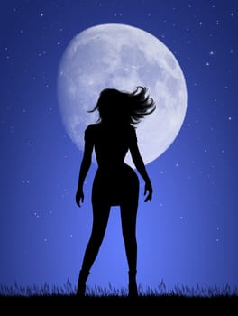 woman walks with hair in the wind in the moonlight