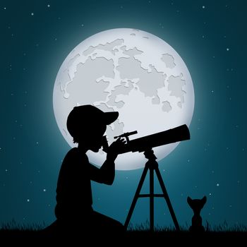 illustration of child look the moon in the telescope