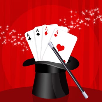 illustration of playing cards in the magician's hat