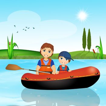 illustration of father and son on rubber dinghy on the river