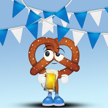 funny illustration of cartoon pretzel with beer mug for Oktob erfest