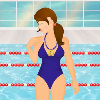 illustration of girl with swimming gold medal