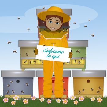 illustration of beekeeper man with card save the bees