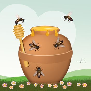 illustration of bees on the honey jar