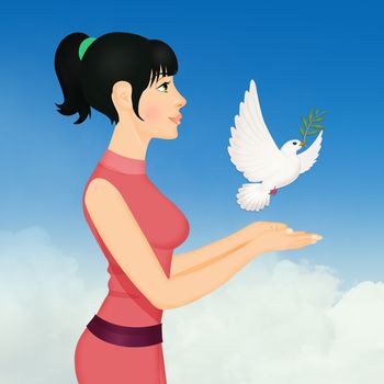 illustration of girl with dove in the hands