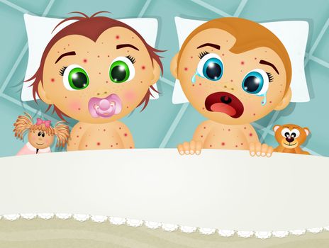 illustration of children in bed with measles