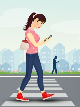 illustration of woman with cell phone on the pedestrian crossing