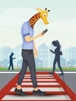 illustration of concept of the man with an elongated neck for a mobile phone