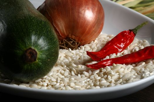 Extreme close up of hot chilli, onions and rice corns in a white bowl with rice plants in background