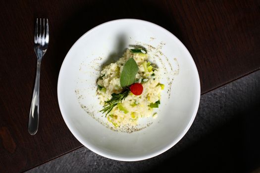 close up a a plate with rice asia food, Asian rice food with plate and fork