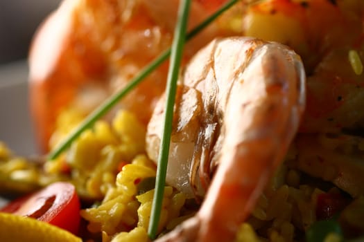 Close up of a shrimp, rice, tomato with green leafs