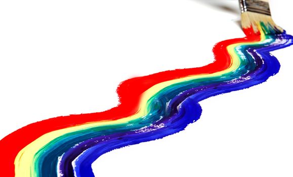 Paint brush and multicolor rainbow brush strokes isolated on white wall background