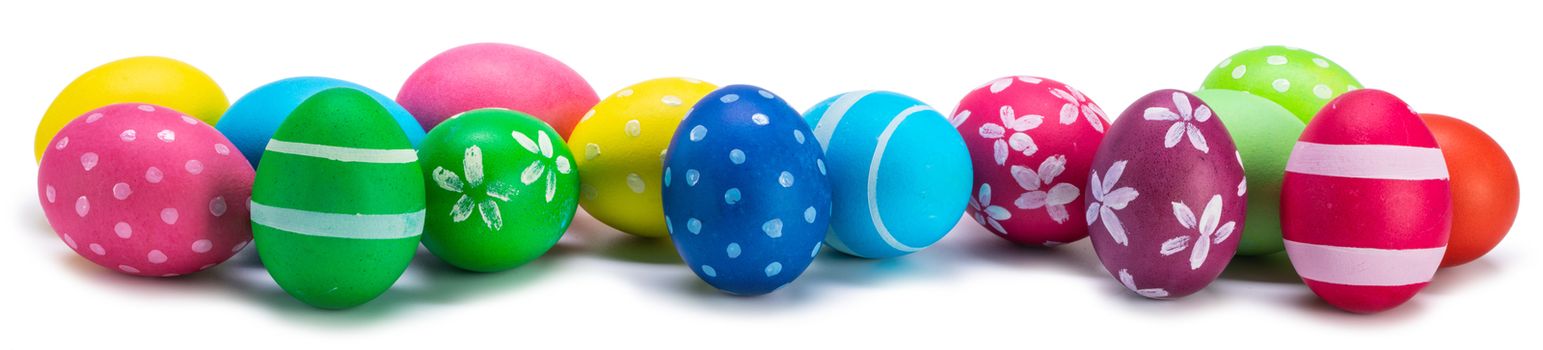 A row of decorated easter eggs isolated on white background
