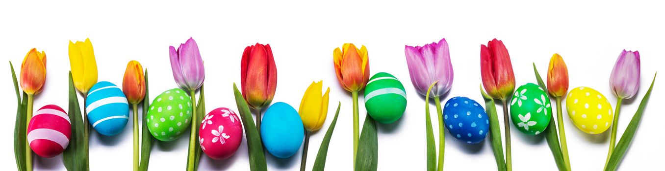 Hand-painted easter eggs with tulips isolated on white background in a row with copy space for text