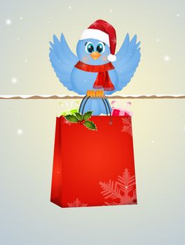 illustration of bird with Christmas bag