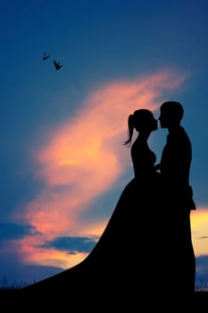 illustration of bride and groom at sunset