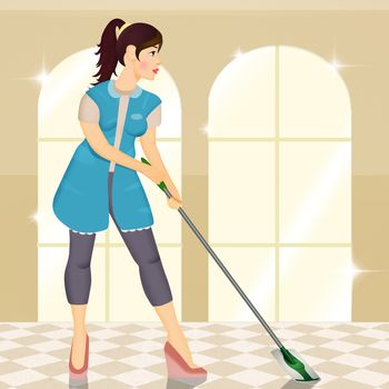 illustration of housewife woman cleans the floor