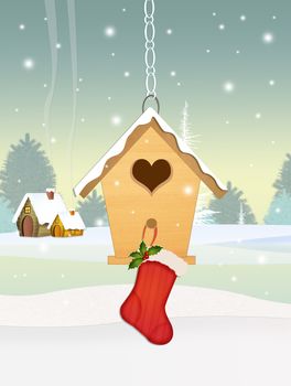 Illustration of Christmas socks on bird house