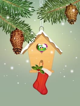 bird house and Christmas sock on tree