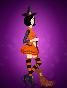 illustration of Halloween witch with broom