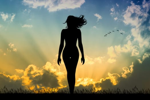 illustration of woman walks with hair in the wind at sunset