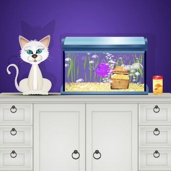 illustration of cat near the fish aquarium