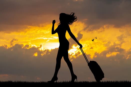 illustration of girl with suitcase at sunset