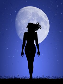 illustration of girl walking in the moonlight