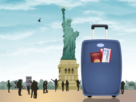 illustration of suitcase with documents and passports for a trip to New York