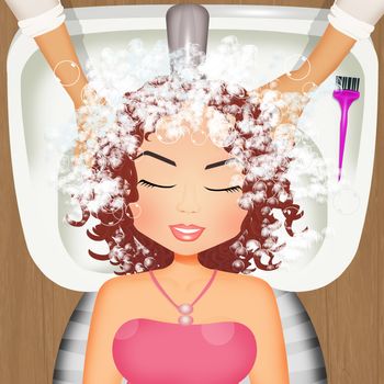 illustration of woman washing her hair at the hairdresser