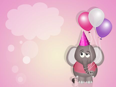 illustration of funny invitation for birthday party with baby elephant with balloons