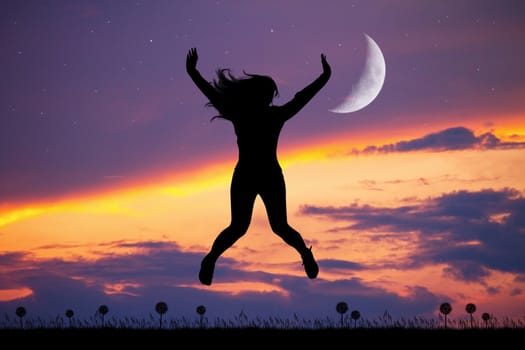 illustration of happy girl jumping at sunset