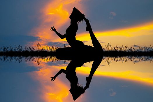 illustration of girl doing yoga on river silhouette at sunset