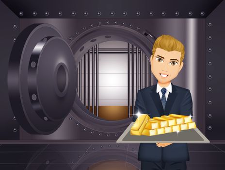 man with gold bars in the bank vault