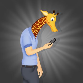 concept of a man with a giraffe's neck because he is on his cell phone