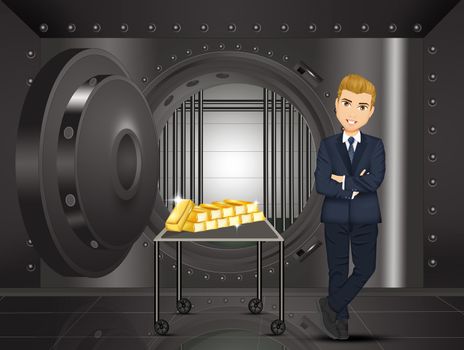 illustration of man with gold bars in the bank vault