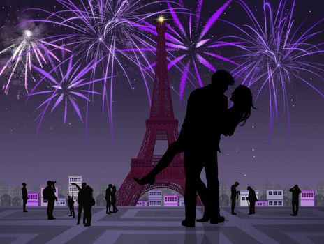 illustration of couple kissing in Paris