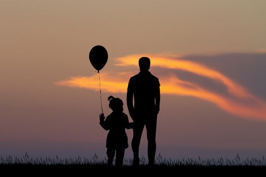 illustration of man with child at sunset