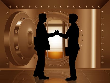 illustration of businessmen in the bank security safe
