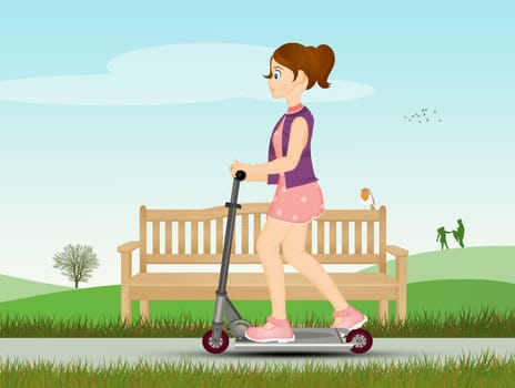 illustration of little girl on the scooter at the park