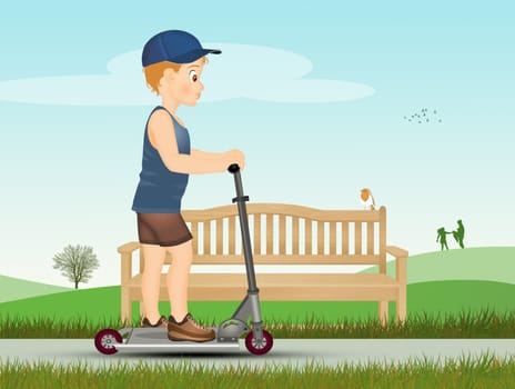 illustration of child on the scooter at the park