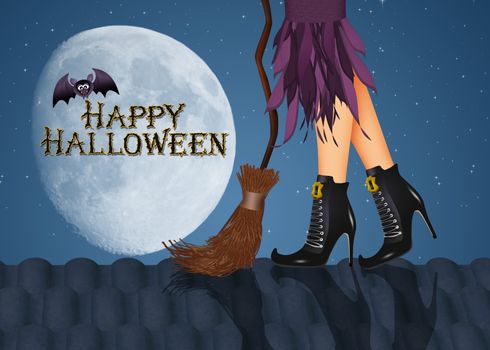 illustration of Halloween postcard with witch legs on the roof