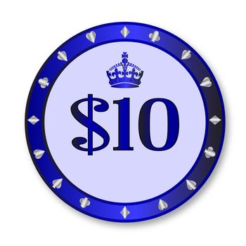 A blue ten dollar gambling chip over a white background