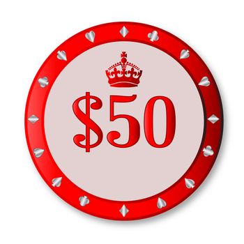 A red fifty dollar gambling chip over a white background