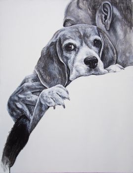 An acrylic painting a man carry beagle dog with love on white canvas.