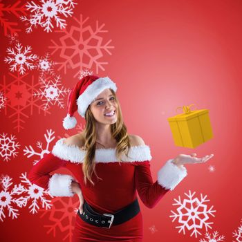 Sexy santa girl presenting with hand against red snow flake pattern design