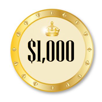 A gold 1000 dollar gambling chip over a white background