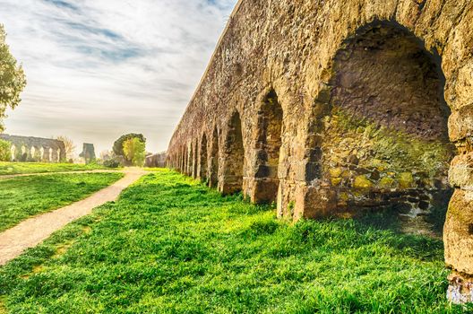 Ruins of the iconic Parco degli Acquedotti, Rome, Italy. The public park is named after the 7 ancient aqueducts that go through it