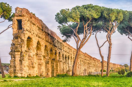 Ruins of the iconic Parco degli Acquedotti, Rome, Italy. The public park is named after the 7 ancient aqueducts that go through it